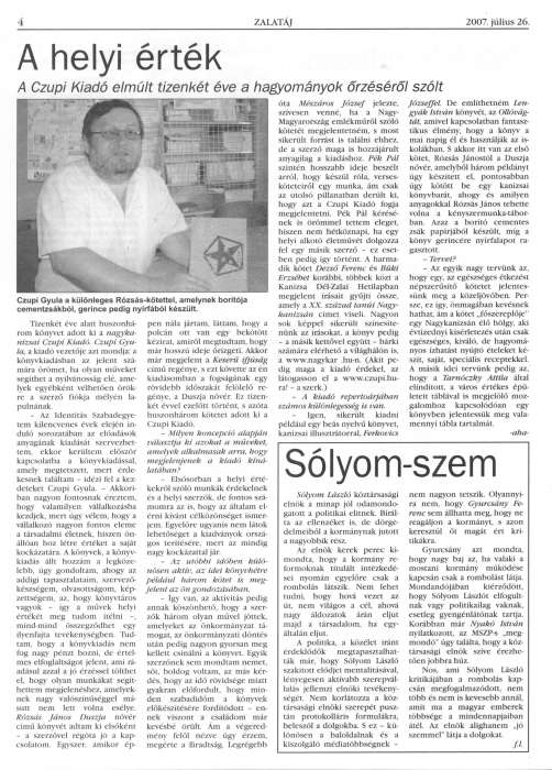 Zalatáj 2007 07 26 650sz 04old - A helyi érték - A Czupi Kiadó elmúlt tizenkét éve a hagyományok őrzéséről szólt.jpg Zalatáj 2007 07 26 650sz 04old - A helyi érték - A Czupi Kiadó elmúlt tizenkét éve a hagyományok őrzéséről szólt.jpg